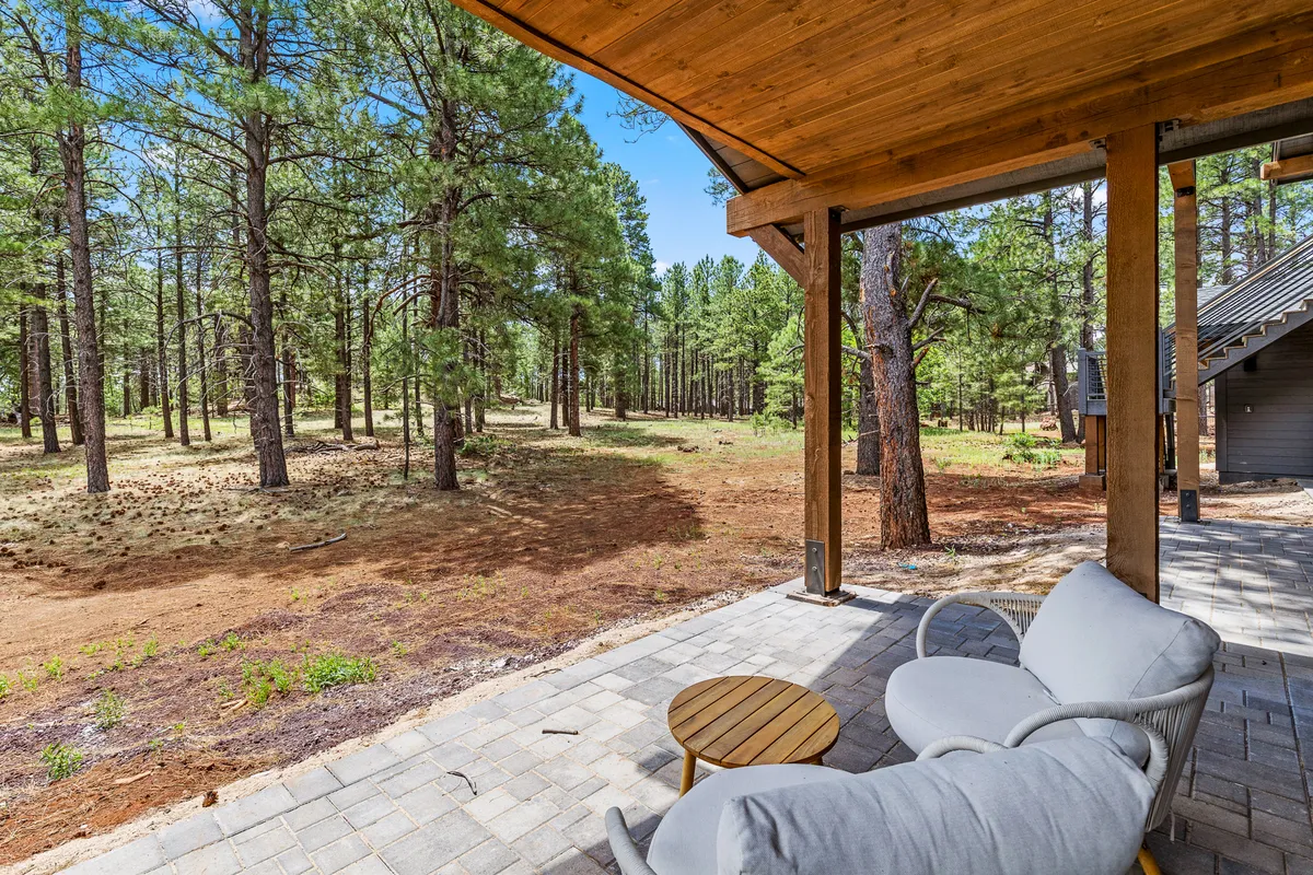 A cozy exterior patio with comfortable seating beneath wooden beams, surrounded by lush trees. The tranquil setting is perfect for unwinding after a day of outdoor activities, and hints at opportunities for stargazing or sharing stories around a fire pit. The patio seamlessly blends indoor comfort with the surrounding forest.