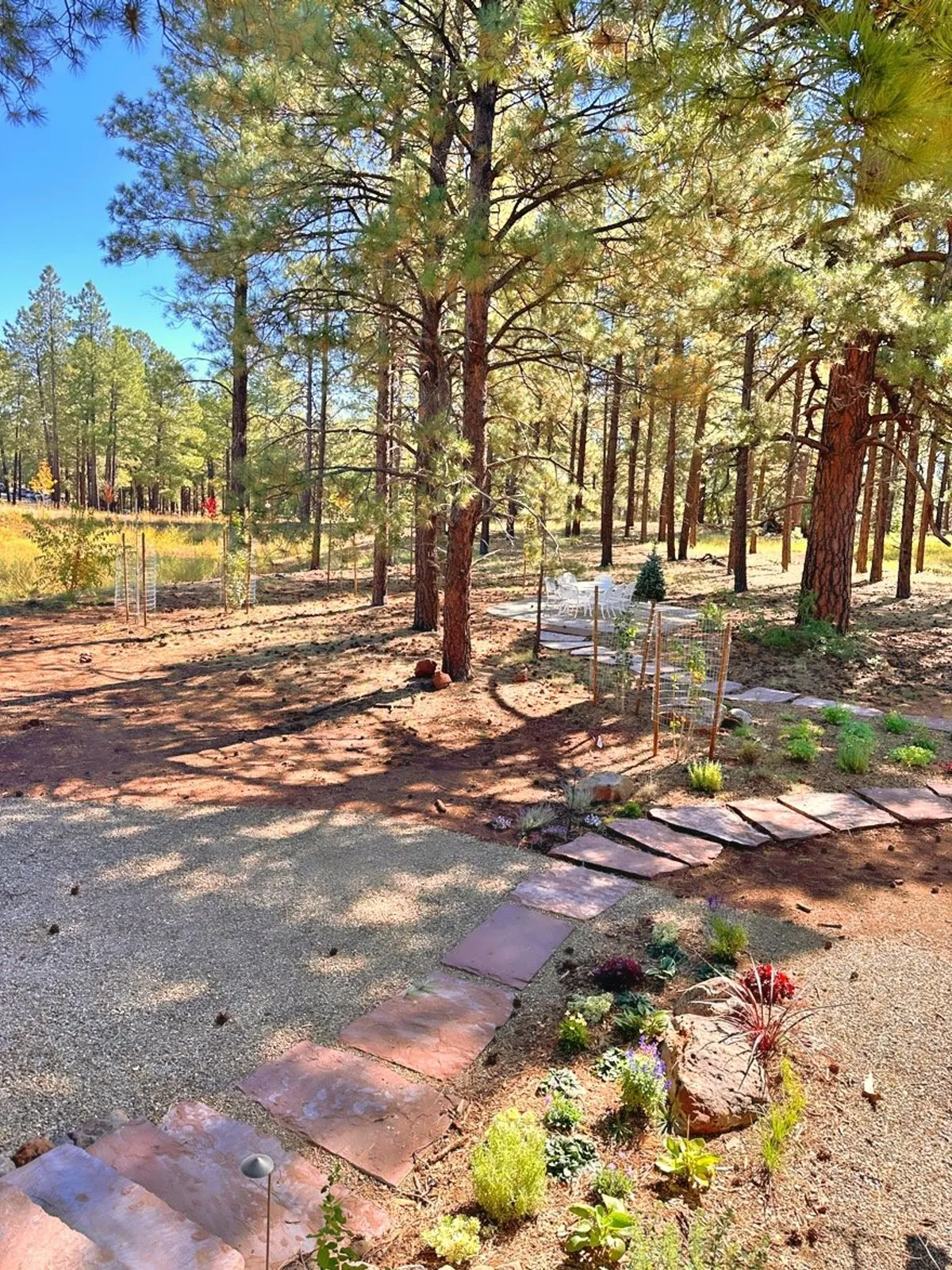 A peaceful garden pathway winding through tall pine trees and colorful flower beds, inviting exploration and quiet reflection in nature. The scene evokes the spirit of stepping straight into the forest from your doorstep, with direct access to trails and the serenity of the outdoors.