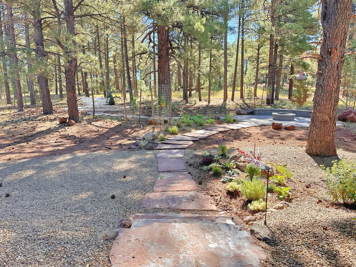A serene backyard scene with a stone pathway winding through pine trees and flower beds, leading to a dedicated fire pit area. The mood is tranquil, suggesting evenings spent beneath the stars around a cozy fire.